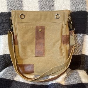 Canvas shoulder bag, faux leather accents, 13” deep, 11” wide, new condition.